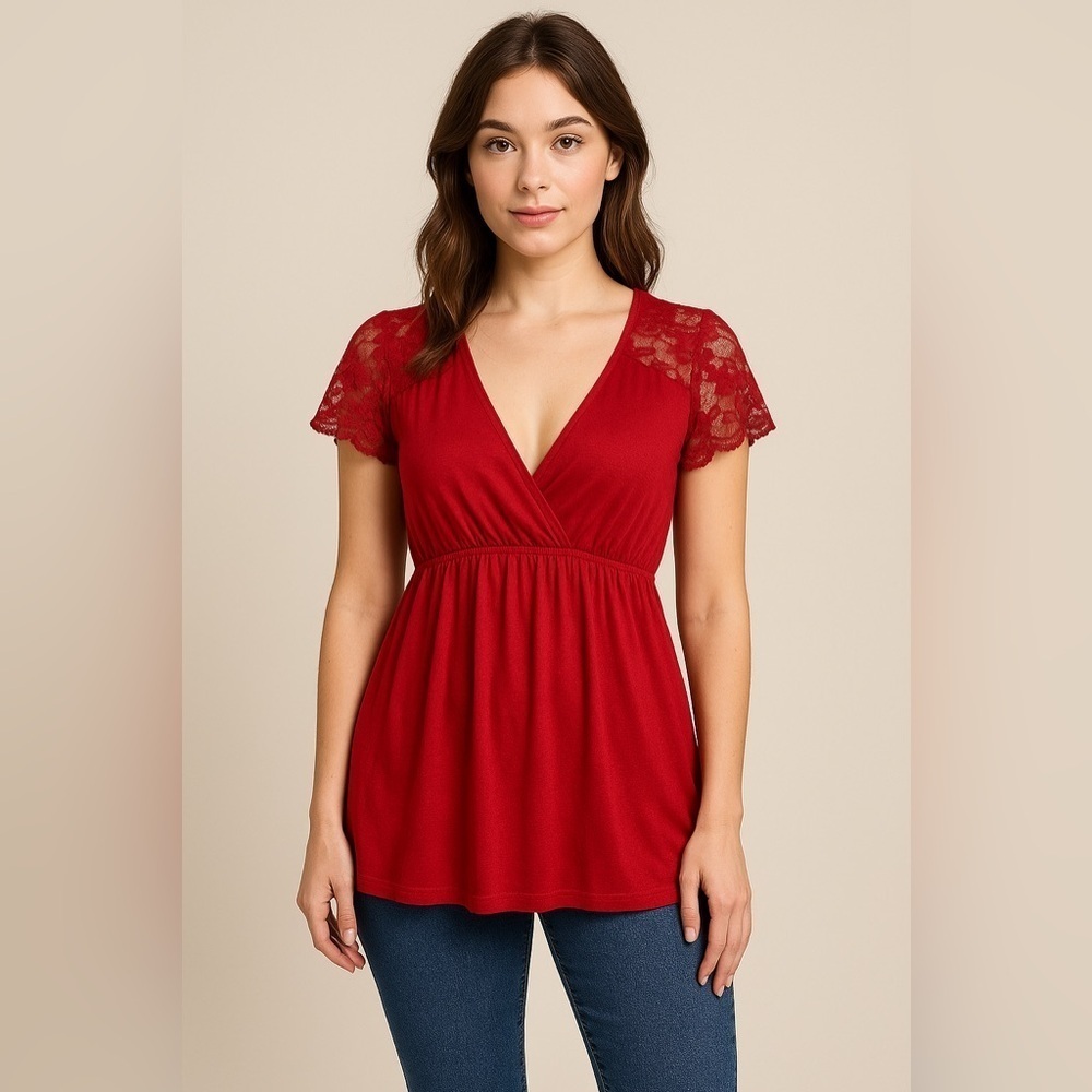 VTG Y2K Retro Red Lace Babydoll Blouse Romantic Coquette Preppy PM